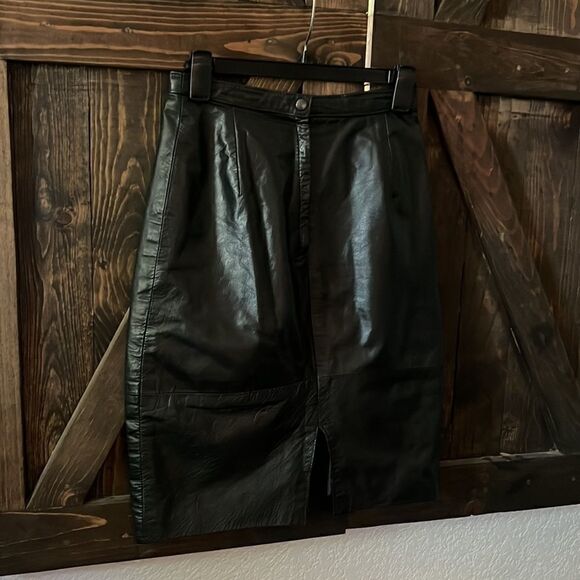 Vintage Comint Black Genuine Leather Skirt Sz- - Picture 9 of 13